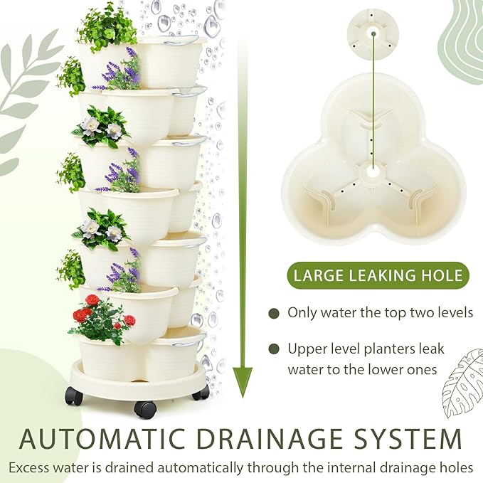 Umigy 2 Set Ivory 2 Set of 7 Tier Stackable Vertical Planters with Removable Wheels and Tools Tower Planters Strawberry Herb Flower Vegetable Pots Indoor Outdoor Gardening Pots