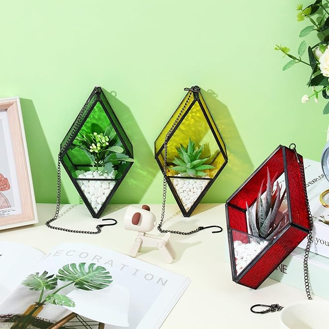 Yaomiao 3 Pcs Stained Glass Hanging Plant Terrariums Hanging Glass Planter Small Geometric Terrarium Air Plant Terrarium with Chain for Succulent Moss Holders Garden Wall Windowsill (Bright Color)