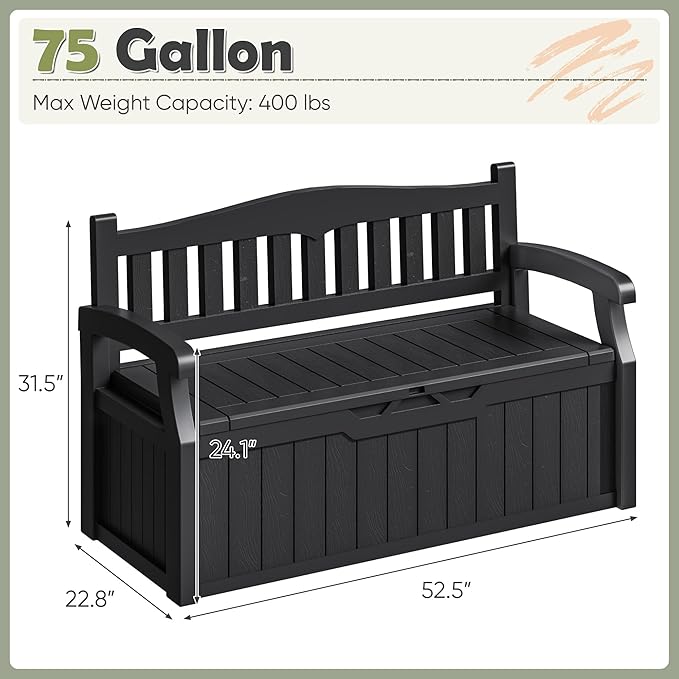 Homall 75 Gallon Outdoor Storage Benches Lockable Deck Box with Waterproof and UV Resistant, Waterproof Storage Box for Patio Furniture, Tools, Cushions (Black)