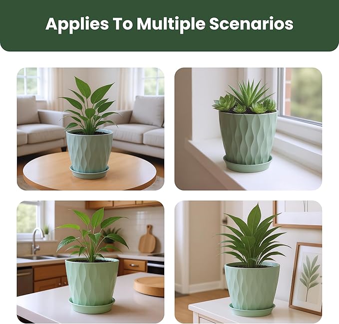Plastic Plant Pots, 7/6.5/6/5.5/5/4.5/4 inch Flower Pots with Drainage Holes and Trays, 7 Pack Planter for Indoor Outdoor Plants (Green)