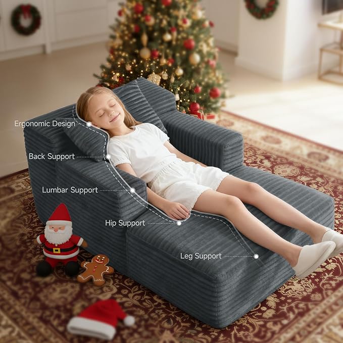 45'' Chaise Lounge Chair Indoor, Corduroy Upholstered Boneless Sofa Bed, Deep Seat Sleeper Couch Reading Chairs, Small Comfy Cloud Sofas Couches for Living Room, Bedroom, Movie Room (Dark Grey)