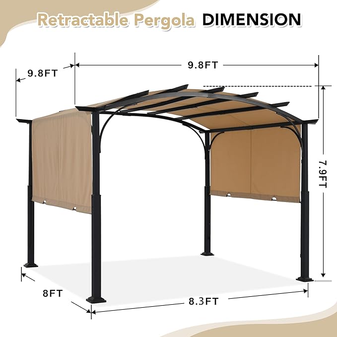 MASTERCANOPY 10x10ft Outdoor Retractable Pergola with Sun Shade Canopy Patio Metal Garden Pergola,Beige