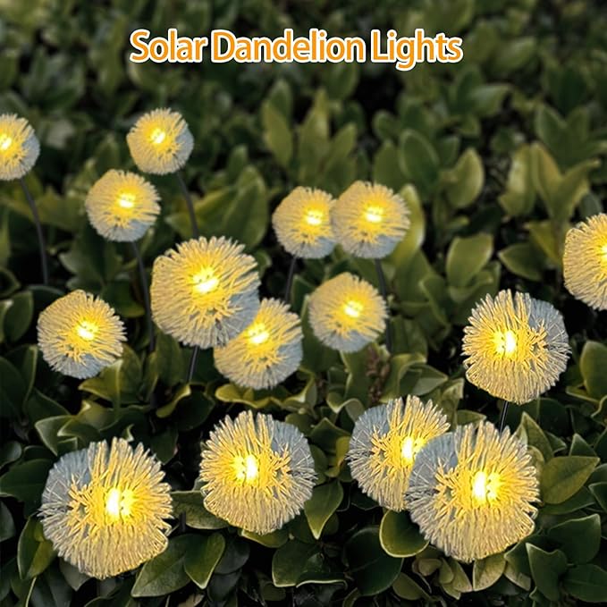 4PK 32LED Solar Garden Lights Outdoor, Dandelion Solar Lights Outdoor, IP65 Waterproof Firefly Light Outside Decor for Patio Pathway, Sway by Wind for Fairy Garden Dandelion Decorations, Warm White