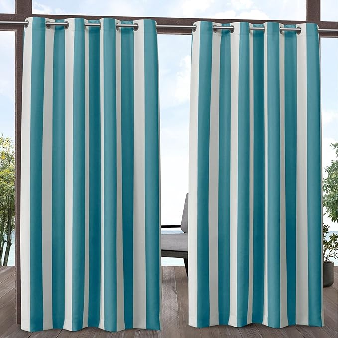 Exclusive Home Canopy Stripe Indoor/Outdoor Grommet Top Curtain Panel, 54"x84", Teal / White, Set of 2