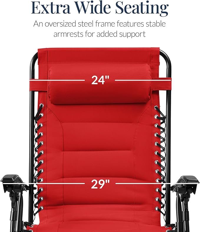Best Choice Products Oversized Padded Zero Gravity Chair, Folding Outdoor Patio Recliner, XL Anti Gravity Lounger for Backyard w/Headrest, Cup Holder, Side Tray, Polyester Mesh - Crimson Red