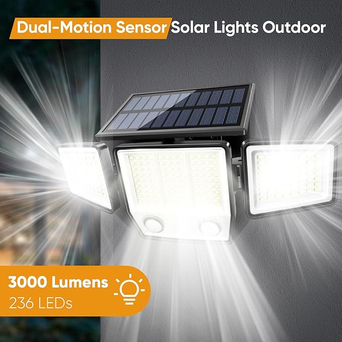 Solar Lights Outdoor Waterproof Motion Sensor - 416 LEDs 3000 Lumens Super Bright 3 Brightness 3 Modes 2400mAh 360° Illumination 32ft Solar Flood Security Light for Outside (Classic, 2)
