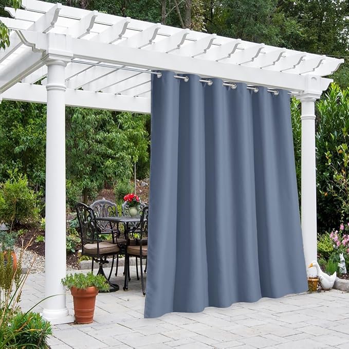 NICETOWN Outdoor Curtain for Patio Waterproof Extra Wide 84 inch, Sun Blocking Vertical Blinds Thermal Insulated Stainless Grommet for Front Porch/Gazebo/Lanai, Stone Blue, 1 Piece, 84 inch L