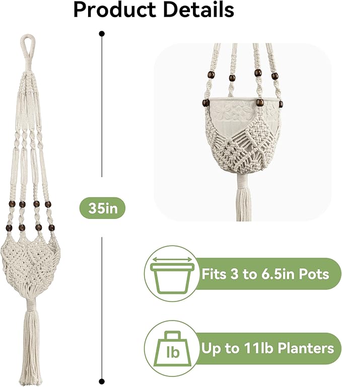 USLAI Macrame Plant Hanger Indoor Outdoor, Fits 3 to 6.5 inch Pots, Hanging Planter Holder with Beads and Tassels, Boho Home Decor, 35+35 Inch, Ivory (POTS NOT Included)
