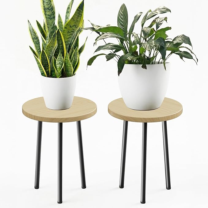 Plant Stand Indoor 14'': Indoor Plant Stand 2 Pack Metal Plant Table - Wood Plant Stool Outdoor Small Round Side End Table Mid Century Modern Decor - Home Decor