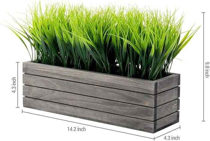 MyGift 14 Inch Artificial Green Grass Plant in Vintage Gray Wood Planter Window Box, Faux Greenery in Decorative Rectangular Crate Style Wooden Container