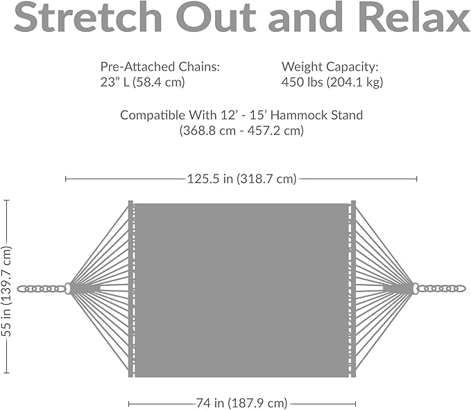 Sunnydaze Quilted Outdoor Hammock with Spreader Bars - Heavy-Duty 450-Pound Capacity Double Hammock for Outside - Nautical Stripe