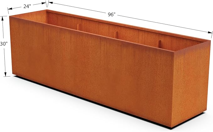 Plantercraft Large Rectangular Planters for Outdoor Plants | 96x24x30 Inch Extra Large Corten Steel Planter Box for Patios and Privacy Screens | Heavy Duty Metal Planter