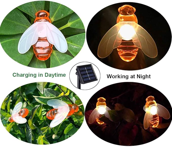 SEMILITS Solar String Lights 20LED Outdoor Waterproof Simulation Honey Bees Decor for Garden Xmas Decorations Warm White
