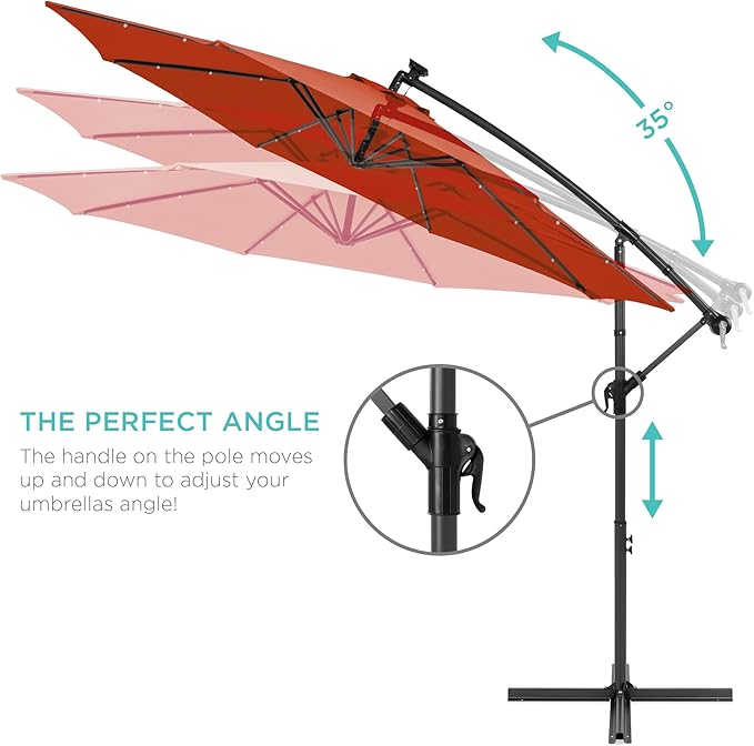 Best Choice Products 10ft Solar LED Offset Cantilever Hanging Market Patio Umbrella, 8 Sturdy Ribs, Easy Adjustment - Rust