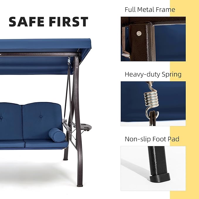 HOMREST 3 Seat Outdoor Porch Swing with 1.5" Deepened Cup Holder, Adjustable Canopy, Patio Swing Bed with Stand, Patio Glider Swing with Thicken Cushions, Pillow for Yard, Garden(Blue)