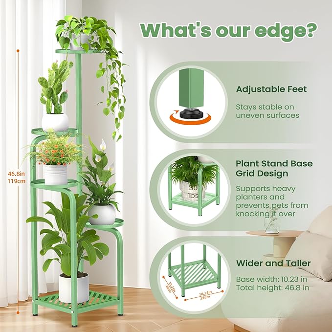 TOSKING 5 Tier Tall Plant Stand Indoor Outdoor, Heavy Duty Corner Shelf for Plants & Decor, Space Saving 3.9FT Metal Flower Pot Stand for Balcony, Garden, Living Room, Patio( Sage Green, 5Tier SQ Base)