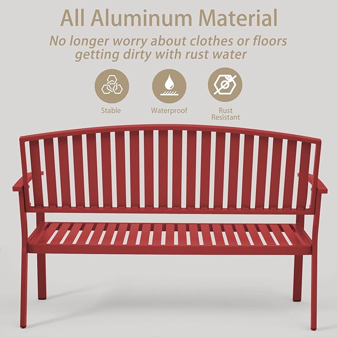 Outdoor Bench Weatherproof Aluminum Patio Garden Bench, Patio Loveseat for Porch Garden Lawn Backyard Park Balcony(Rose Red, 1PC)