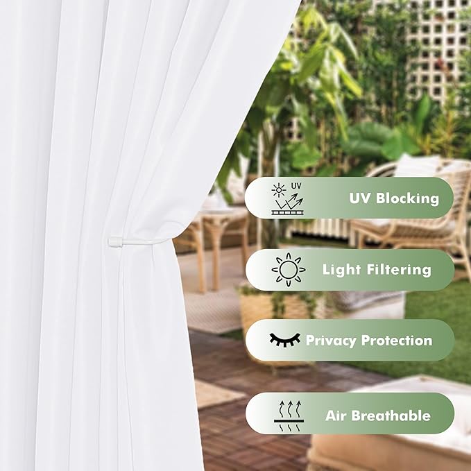 HolidayIdeas Outdoor Curtains for Patio Waterproof, 6 Panels - 54x95 Inches - Weatherproof Privacy Outsides Curtains for Cabana Porch Pergola, Sunlight & UV Blocking (White, Grommet Top)
