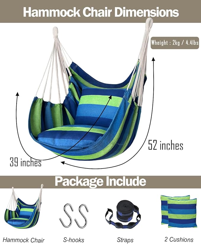 Halalona Hammock Chair Hanging Hammock Chair Rope Swing 2 Cushions Included-Sturdy & Durable Soft Cotton Hand Woven Hammock Swing for Bedroom, Porch, Patio-Indoor/Outdoor