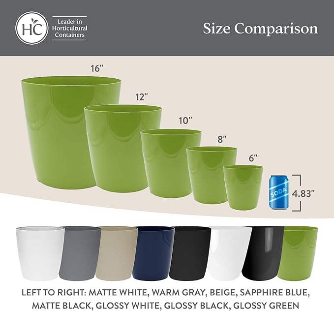 The HC Companies Aria Round Self-Watering Pot - Lightweight Plastic Planter for Herbs & More - Durable Plant Pots for Indoor Plants & Outdoor Plants (12" Glossy Avocado, Pack of 2)