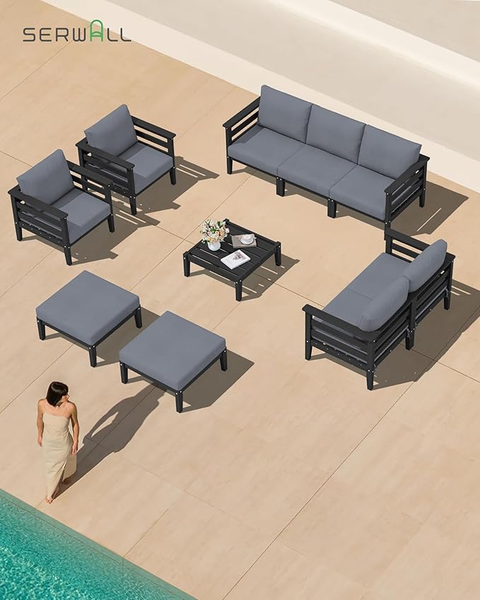 SERWALL HDPE Patio Furniture Set, 2 Pieces Outdoor Sectional Sofa Set, All-Weather Wood-Like Outdoor Sofa Couch with Coffee Table for Deck, Lawn, Black Frame with Grey Cushion