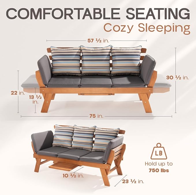 IDZO Amelie Eucalyptus Convertible Outdoor Sofa, 750lbs Capacity Patio Couch with Folding Armrest & Coffee Tray, FSC Certified Wood Furniture Set with 3 Pillows, High Static Load - Gray