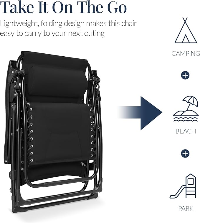 Best Choice Products Oversized Padded Zero Gravity Chair, Folding Outdoor Patio Recliner, XL Anti Gravity Lounger for Backyard w/Headrest, Cup Holder, Side Tray, Polyester Mesh - Black