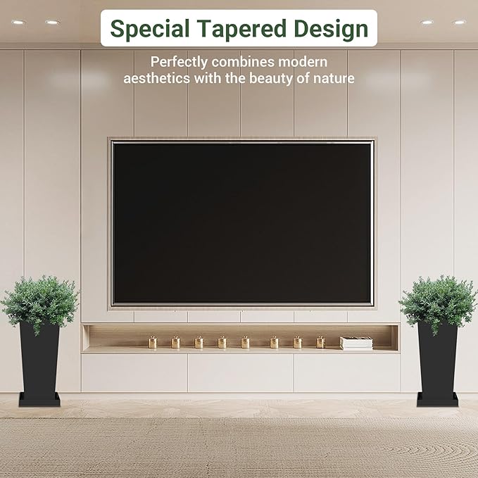 Tall Planters 20" H - 2 Pack, Tapered Pots with Drainage Insert Shelve & Trays, Metal Outdoor Planter Box for Porch, Garden, Patio, Yard (Black)