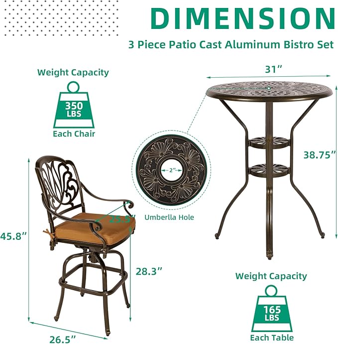 VIVIJASON 3-Piece Patio Swivel Bar Stools Set, All Weather Cast Aluminum Outdoor Bar Height Bistro Set with 2 Cushioned Bar Chairs & 31" High Bar Table w/Umbrella Hole for Backyard, Lawn, Garden