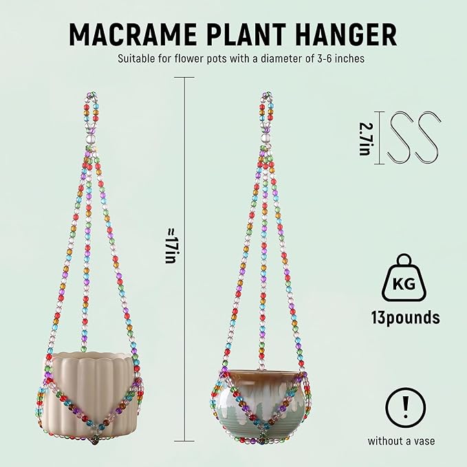 17''，2 Pack Macrame Plant Hanger, Handmade Glass Bead Plant Hanger Colorful Decorative Bohemian Hanging Planter Holder for Indoor and Outdoor Home Garden Decor. Includes Two Hooks.
