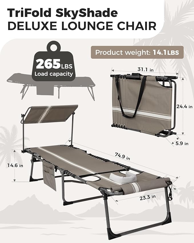 KingCamp Tanning Chair with Face Hole, Lounge Chairs Outdoor Folding Comfy Adjustable 5-Position Foldable Chaise Chaser with Canopy Shade for Outside Beach Patio Sun Bathing Pool, Beige/White