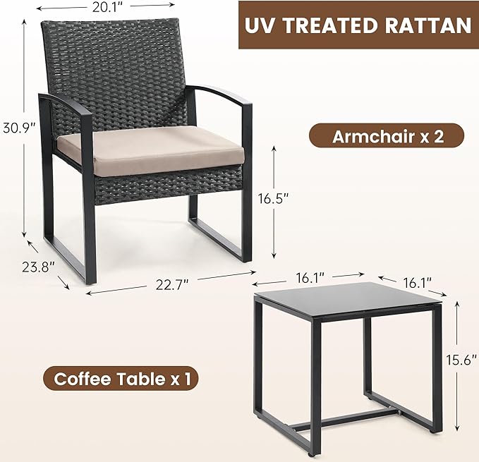3 Piece Wicker Patio Bistro Set, Rattan Conversation Set with Coffee Table, for Balcony, Porch, Garden, Yard, Poolside, Black Frame with Beige Cushion