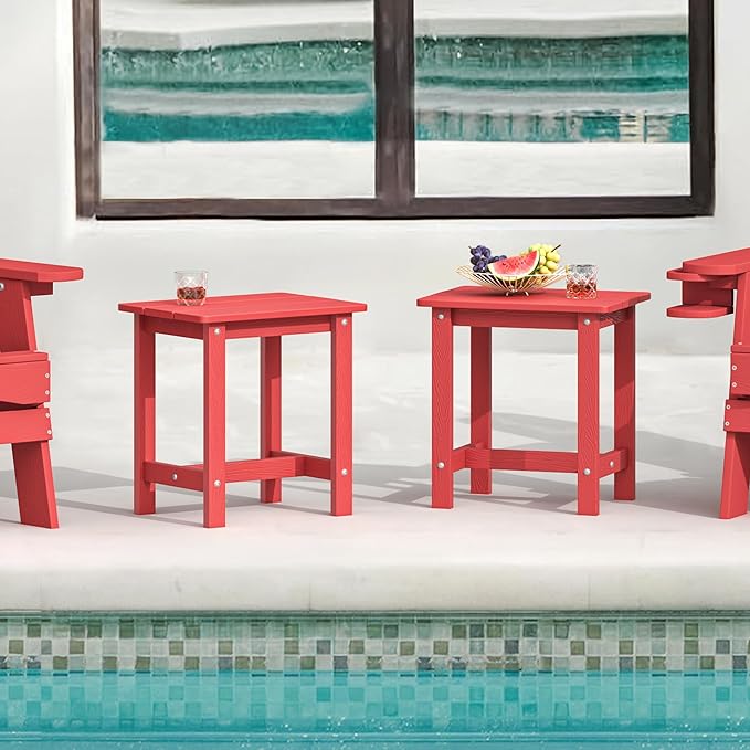 LUE BONA Outdoor Side Table, HDPS Small Outdoor Adirondack Side Tables, Outside End Table for Patio, Porch, Deck, Pool, Weather Resistant/Easy Maintenance, Bright Red