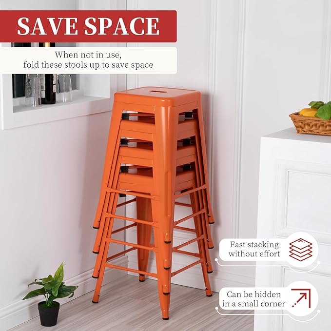 FDW Metal Bar Stools Set of 4 Counter Height Bar Stools 24 Inches Industrial Bar Chairs Patio Stool Stackable Backless Stool Indoor Outdoor Metal Kitchen Stools Bar Chairs (Orange, 24")