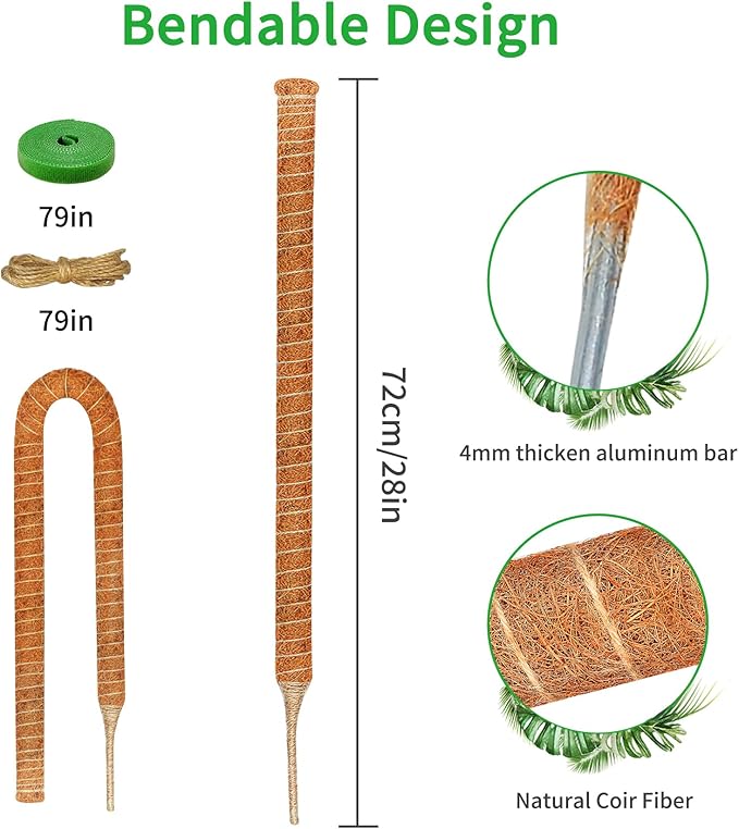 2 Pack 28 Inch Moss Pole Monstera Plant Support, Coir Moss Poles for Climbing Indoor Plants, Bendable Plant Stake Trellis for Potted Plant, Pothos, Philodendron
