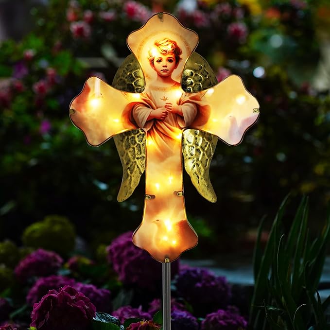 Solar Little Angel, Child Cross Garden Lights for Graves - Angel Wing Memorial Decor, Waterproof Cemetery Solar Stake Lights for Easter, Patio, Yard - Sympathy Gifts for Loved Ones1.