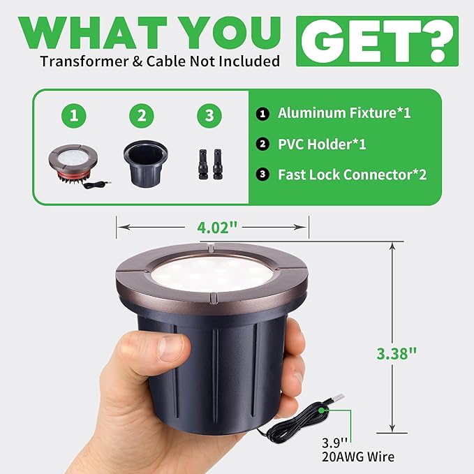 Landscape Well Lights, LED Low Voltage Ground Lights Outdoor, 12V IP67 Waterproof, Bright Wired Aluminum ORB for Driveway Walkway Path Tree 6W 580LM