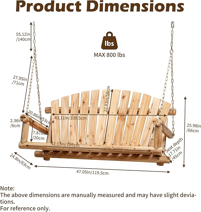 Outdoor Porch Swing Front Porch Hanging Wooden Bench Swing 2 Seat Chair for Garden, Patio, Backyard, Playground, Log Wood 800Lbs, 4 Ft, Brown