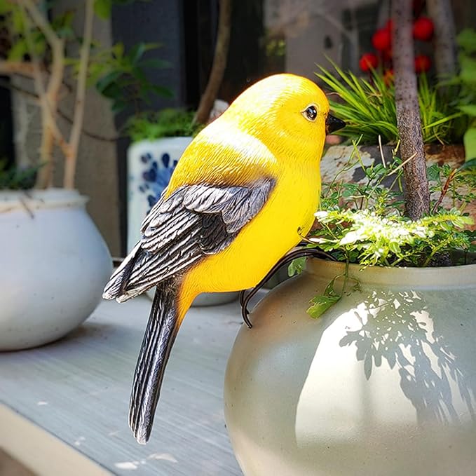 Garden Bird Statue Flower Pot Hugger Outdoor Decor for Tree, 6.7" Tall Resin Bird Figurine Plant Pot Decorations for Fence Balcony Patio Lawn Yard Ornaments (Yellow)
