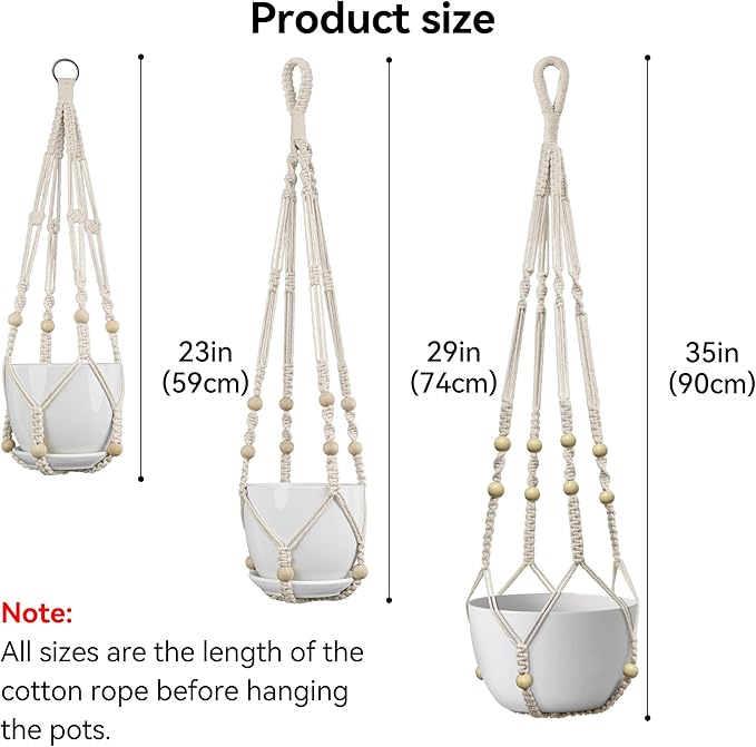 USLAI Macrame Plant Hanger Indoor Outdoor, Fits 4 to 15 Inch Pots, Strong Hanging Planter Holder, Boho Home Decor, 23+29+35 Inch, Ivory (POTS NOT Included)