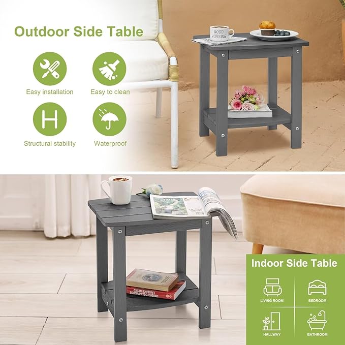 Y&M Outdoor Side Table, HIPS Adirondack Small Double Layer Table, Waterproof Square Balcony Modern End Tables for Patio, Pool, Beach, Porch, Deck, Indoor or Outdoor Use, Dark Gray
