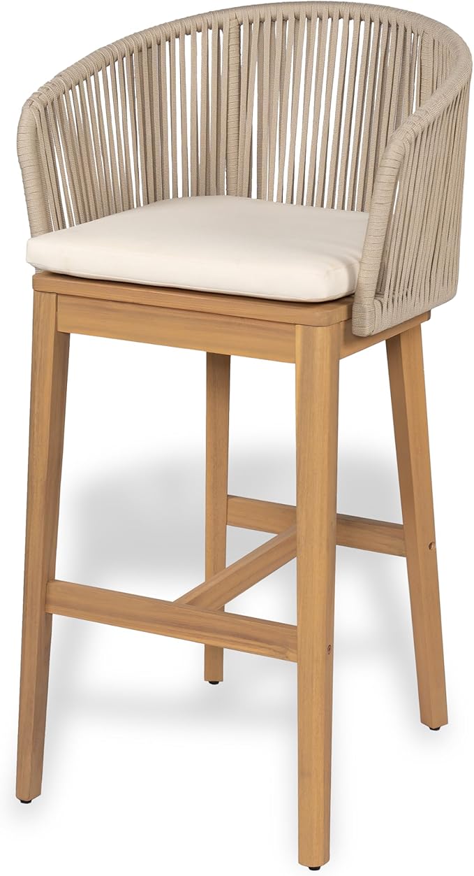 Christopher Knight Home Zax Set of 2 Patio Barstool, Acacia Wood & Rope Outdoor Counter Stool with Backrest/Footrest, Barstool Chairs with Cushion Seating for Backyard Balcony Garden, Beige + Teak