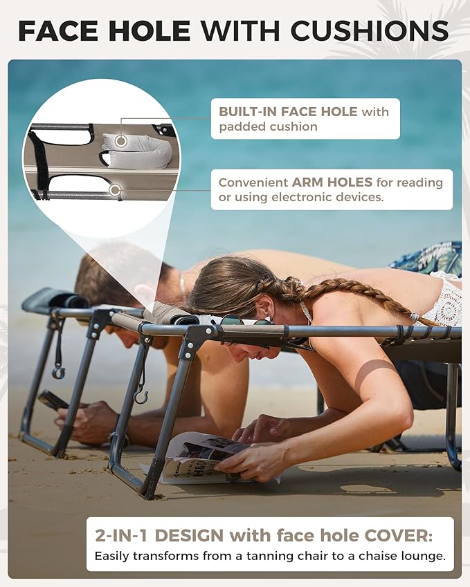 KingCamp Tanning Chair with Face Hole, Lounge Chairs Outdoor Folding Comfy Adjustable 5-Position Foldable Chaise Chaser with Canopy Shade for Outside Beach Patio Sun Bathing Pool, Beige/White