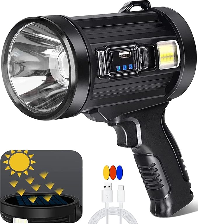 Spotlight 100000 Lumens, 6 Modes Led Rechargeable Spotlight Flashlight As Seen on TV with Tripod, Color Filters, Super Bright Solar Spot Lights Outdoor Handheld for Hunting, Boating, Camping