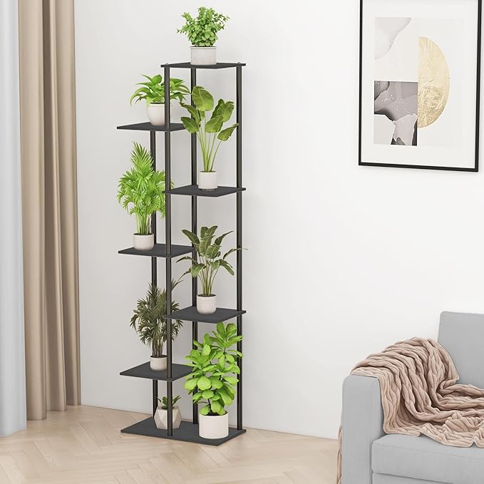 Plant Stand Indoor 7 Tier 8 Potted Metal Wood Plant Shelf, Multiple Flower Pots Corner Tall Plant Holder Stands for Living Room Balcony Bedroom, Black