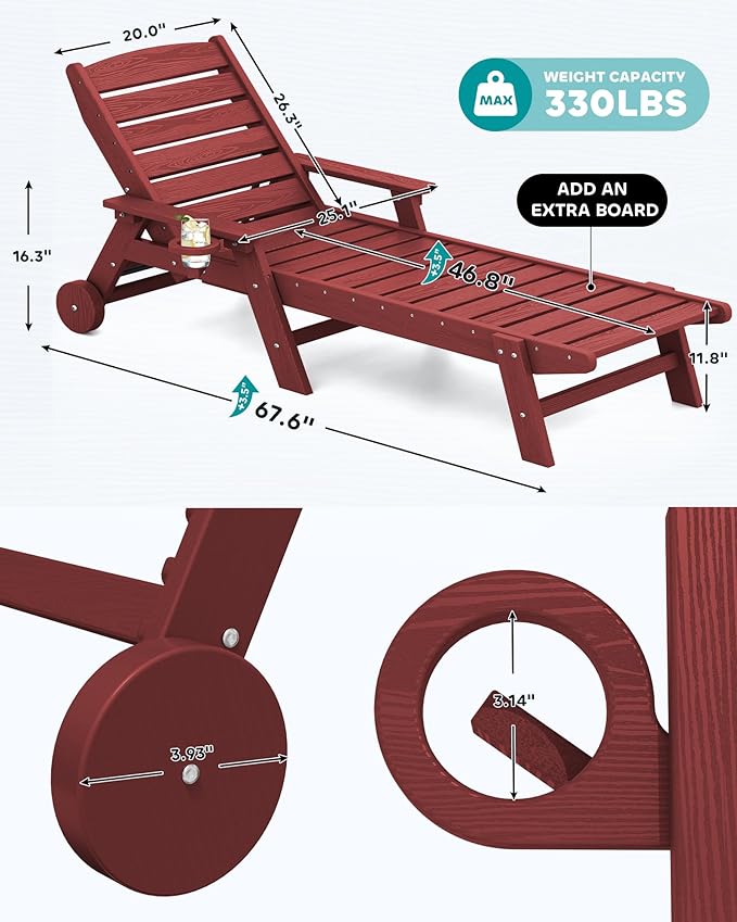 SERWALL Patio Chaise Lounge Chair Set of 4, 5 Positions Adjustable Poly Outdoor Lounger for Pool, HDPE Lounge Chair with Rolling Wheels & Cup Holder for Poolside, Deck, Dark Red