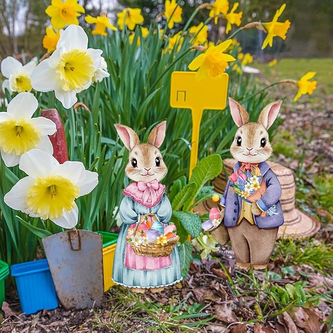 Fairy Garden Stake Decor, Acrylic 2D Garden Fairy Decoration, Fairy Garden Accessories for Outdoor Indoor Yard Lawn Pot Plants (Flower Picking Rabbit)