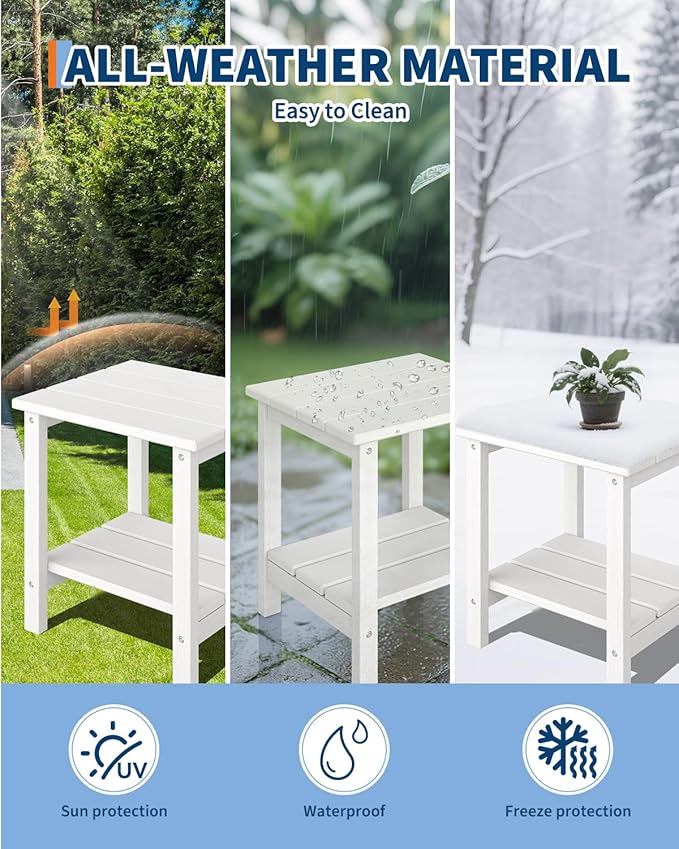 GarveeLife Outdoor Side Table 2-Tier, 18 in HDPE All Weather Resistant Patio Side Tables for Outside, End Table for Patio Pool Deck Indoor Backyard, White-2Pcs