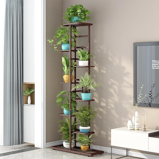 LINZINAR Plant Stand Indoor Outdoor Metal 8 Tier 9 Potted Multiple Flower Pot Holder Shelf Planter Display Shelving Unit for Patio Garden Corner Balcony Living Room