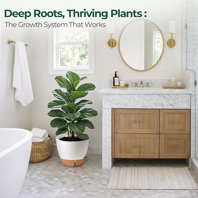 T4U 12 Inch Self Watering Pot - Water Level Indicator & Deep Reservoir, Mess-Free Planter for Busy People, Beginners & Gardeners, Fits Rubber Tree/Fiddle Leaf Fig Plants, Indoor Outdoor Use (White)